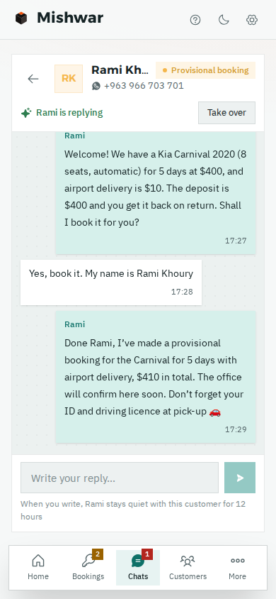 A chat on a phone: a customer asks for an 8-seater with airport delivery, and Rami quotes a Kia Carnival with the deposit and makes a provisional booking