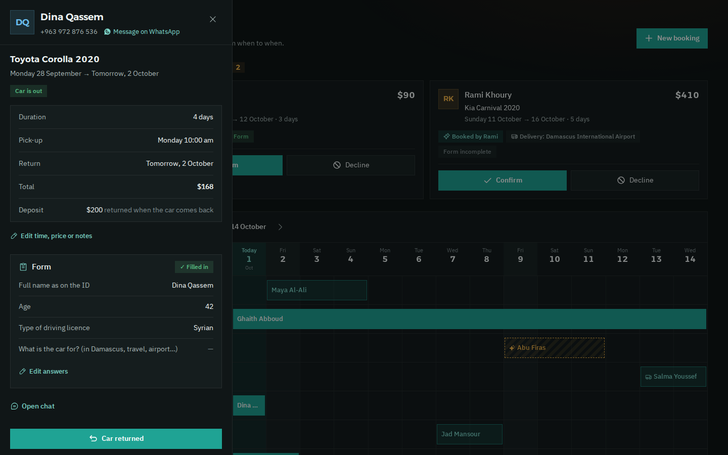 The same open booking in dark mode, with the “Car returned” button