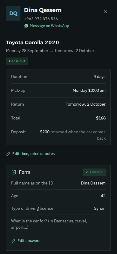Form answers on a booking in dark mode
