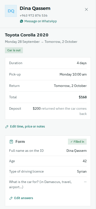 An open booking on a phone with the form below it: full name as on ID, age and licence type