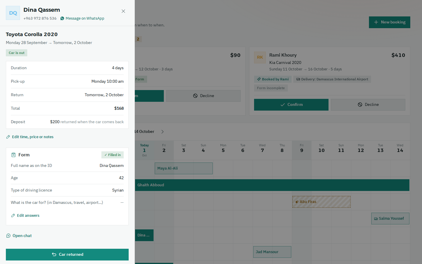 A booking opened on the bookings board: a Toyota Corolla that's out for 4 days, with pick-up and return, the total and deposit, the office's form answers, and a “Car returned” button at the bottom