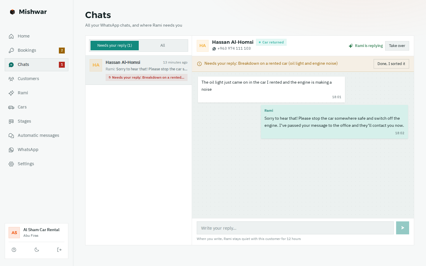 The chats page: a customer whose car's oil light came on; Rami has handed the chat to the office, and it's marked “Needs your reply” with a “Take over” button