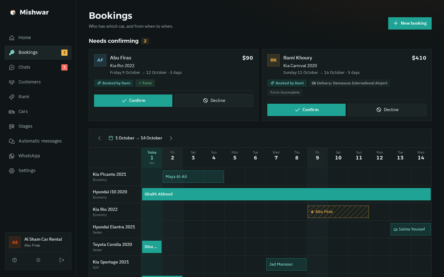 The bookings board in dark mode: provisional bookings at the top, each car's days below