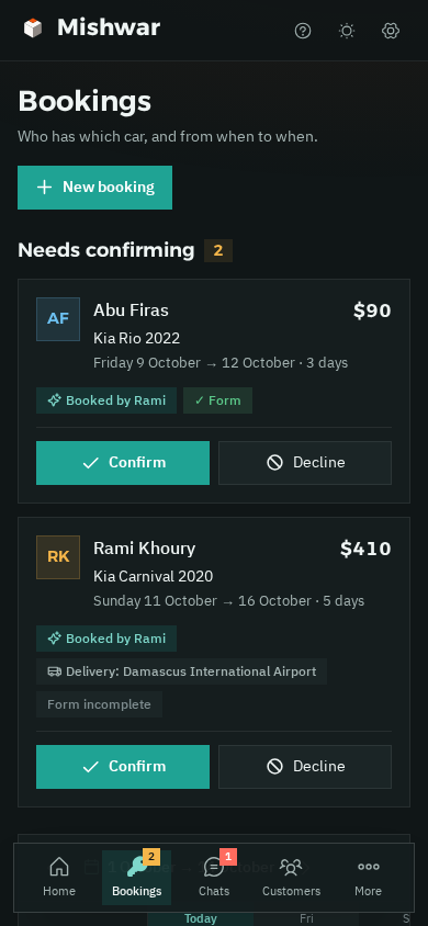 Bookings on a phone in dark mode