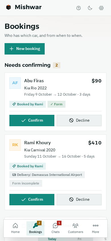 Bookings on a phone: two bookings that need confirming, each with Confirm and Decline buttons
