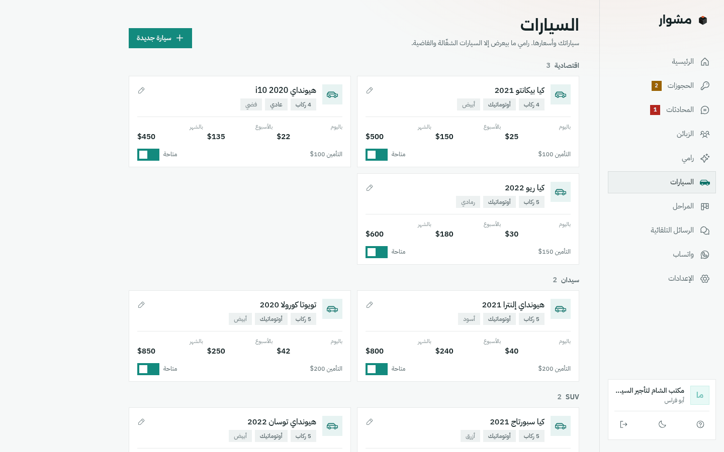 صفحة السيارات: كل سيارة بسعر اليوم والأسبوع والشهر والتأمين، مقسّمة اقتصادية وسيدان وSUV، ولكل وحدة مفتاح «متاحة»
